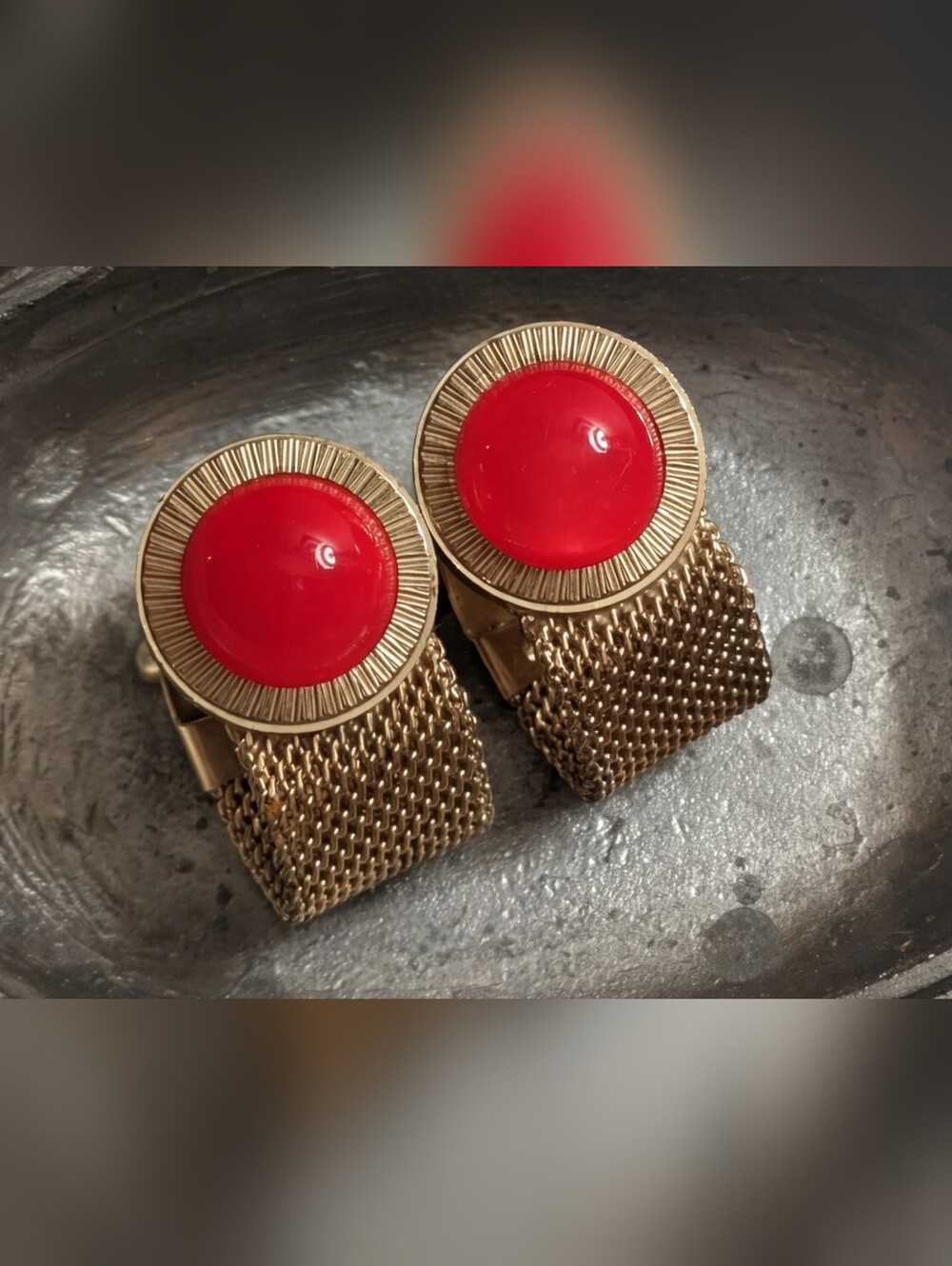 Vintage Mid-Century Gold-Tone Mesh Wrap-Around Cufflinks with Red Moonglow Gems